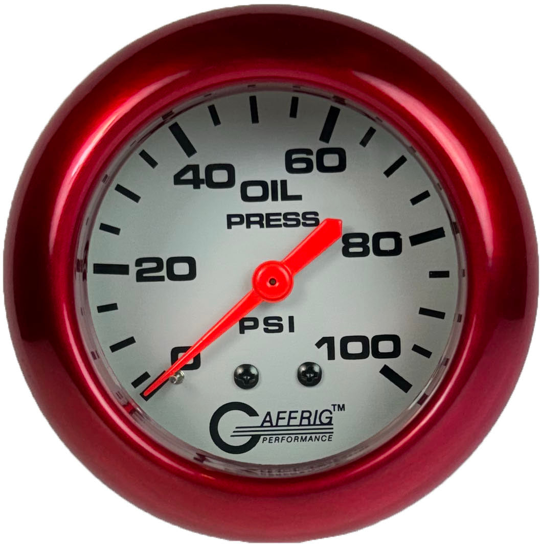 GAFFRIG PART #11011 2 5/8 INCH MECHANICAL OIL PRESSURE 0-100 PSI PLATINUM RED