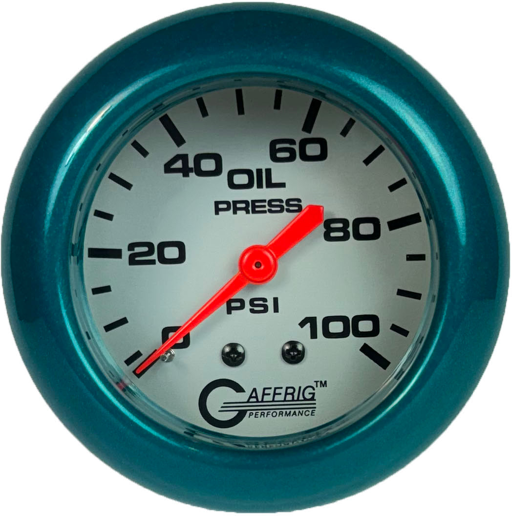 GAFFRIG PART #11011 2 5/8 INCH MECHANICAL OIL PRESSURE 0-100 PSI PLATINUM TEAL