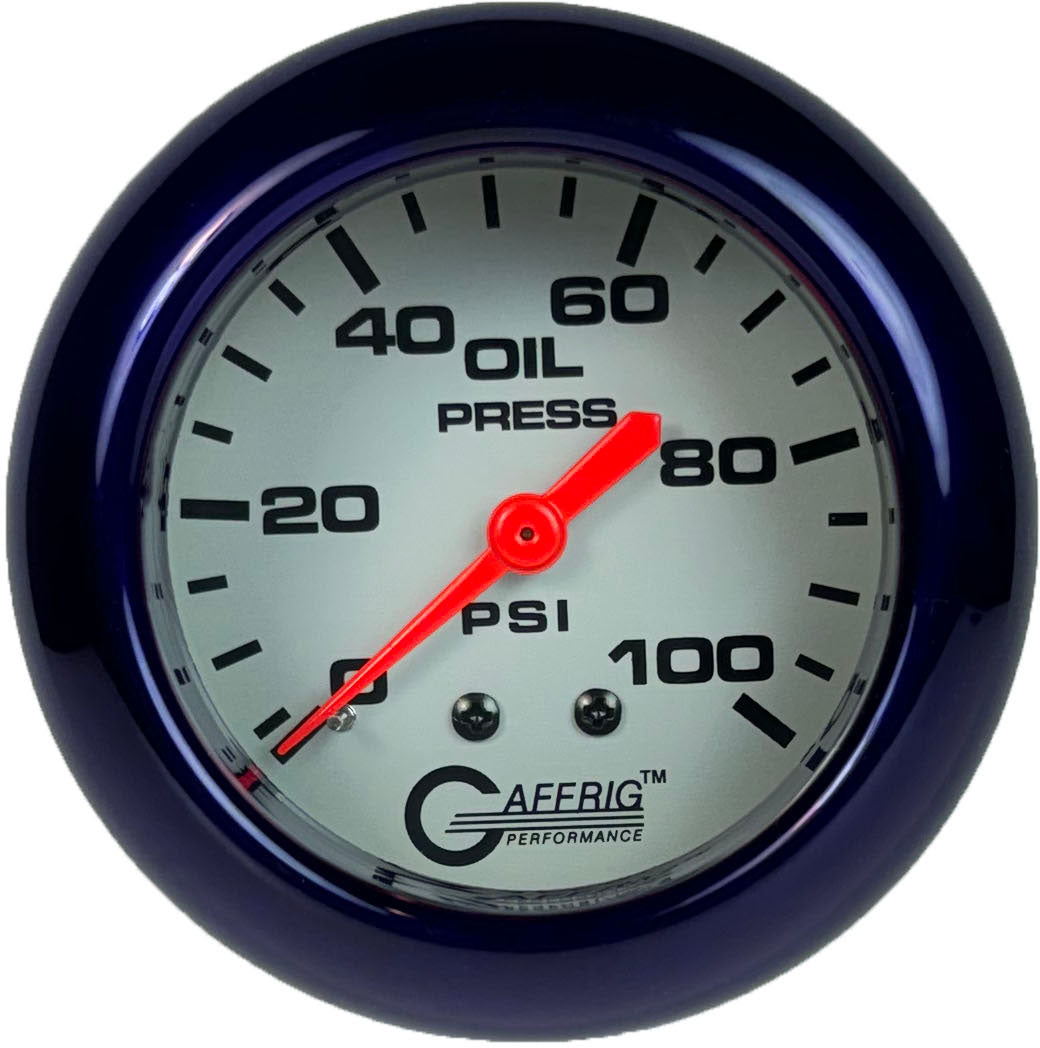 GAFFRIG PART #11011 2 5/8 INCH MECHANICAL OIL PRESSURE 0-100 PSI PLATINUM PURPLE