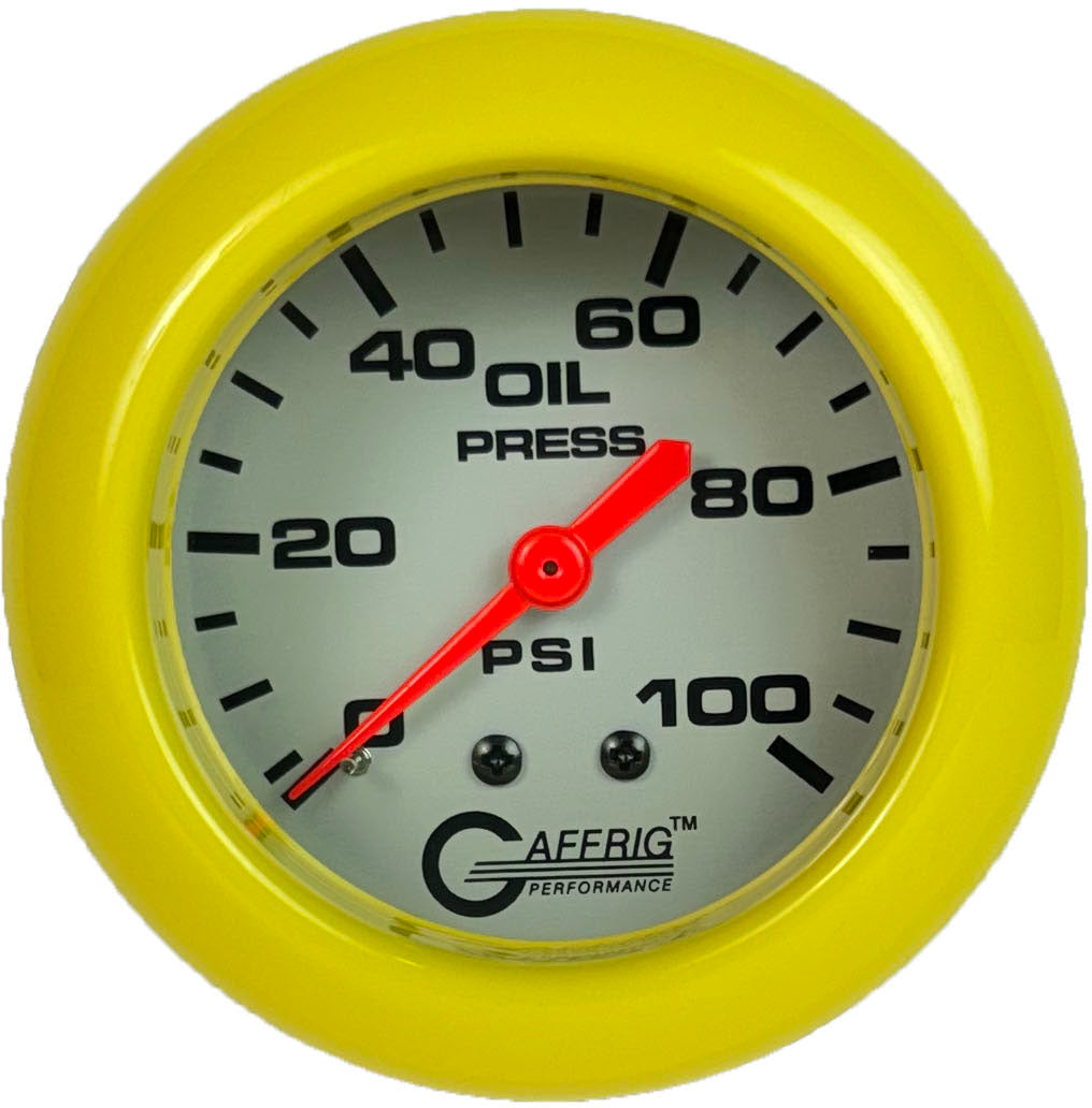 GAFFRIG PART #11011 2 5/8 INCH MECHANICAL OIL PRESSURE 0-100 PSI PLATINUM YELLOW