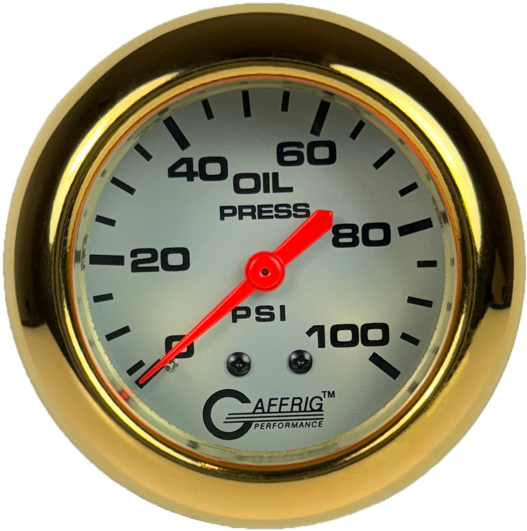 GAFFRIG PART #11011 2 5/8 INCH MECHANICAL OIL PRESSURE 0-100 PSI PLATINUM GOLD