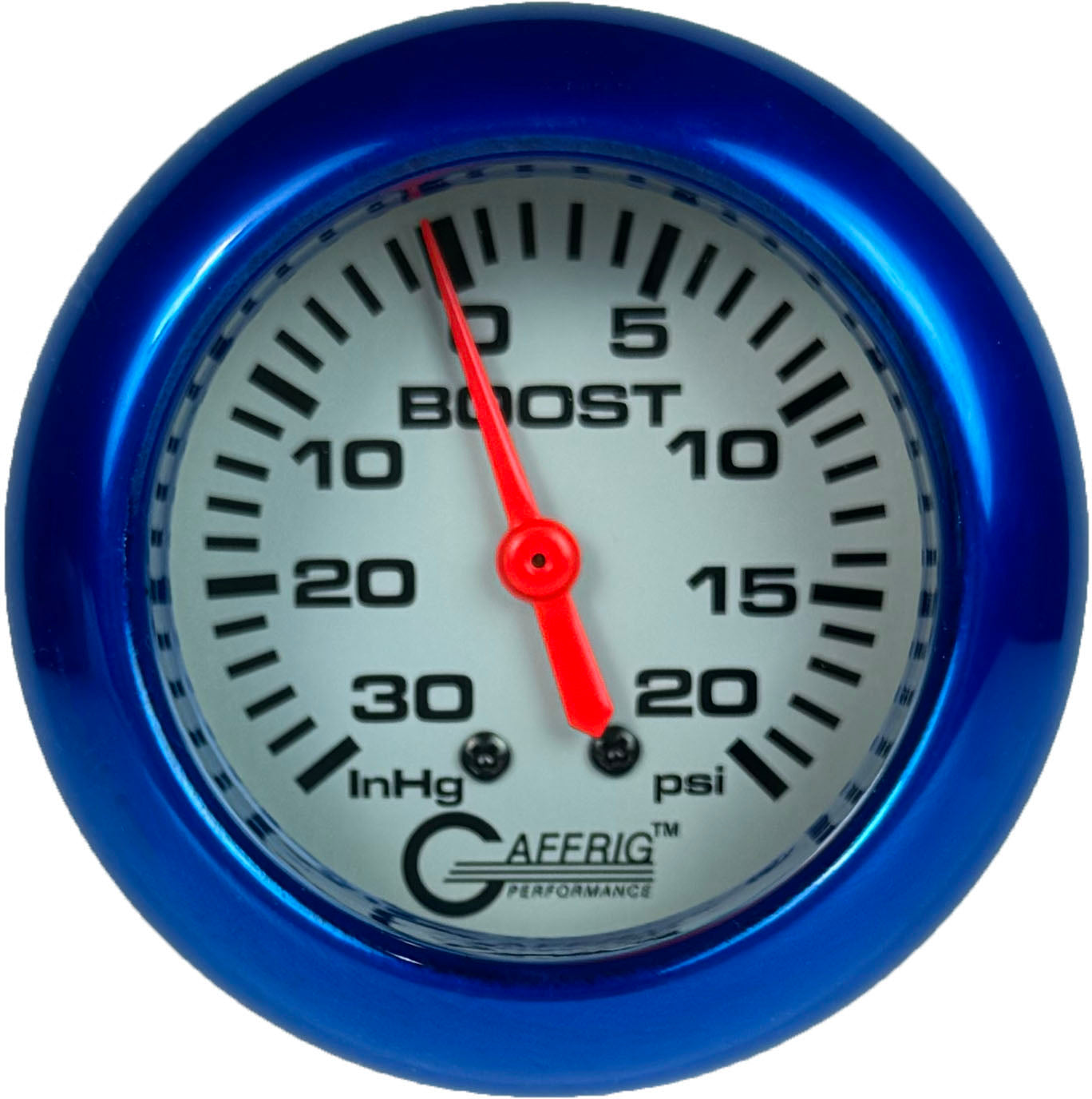 GAFFRIG PART #11012 2 5/8 INCH MECHANICAL VACUUM 0-30 HG/BOOST 0-20 PSI GAUGE PLATINUM BLUE