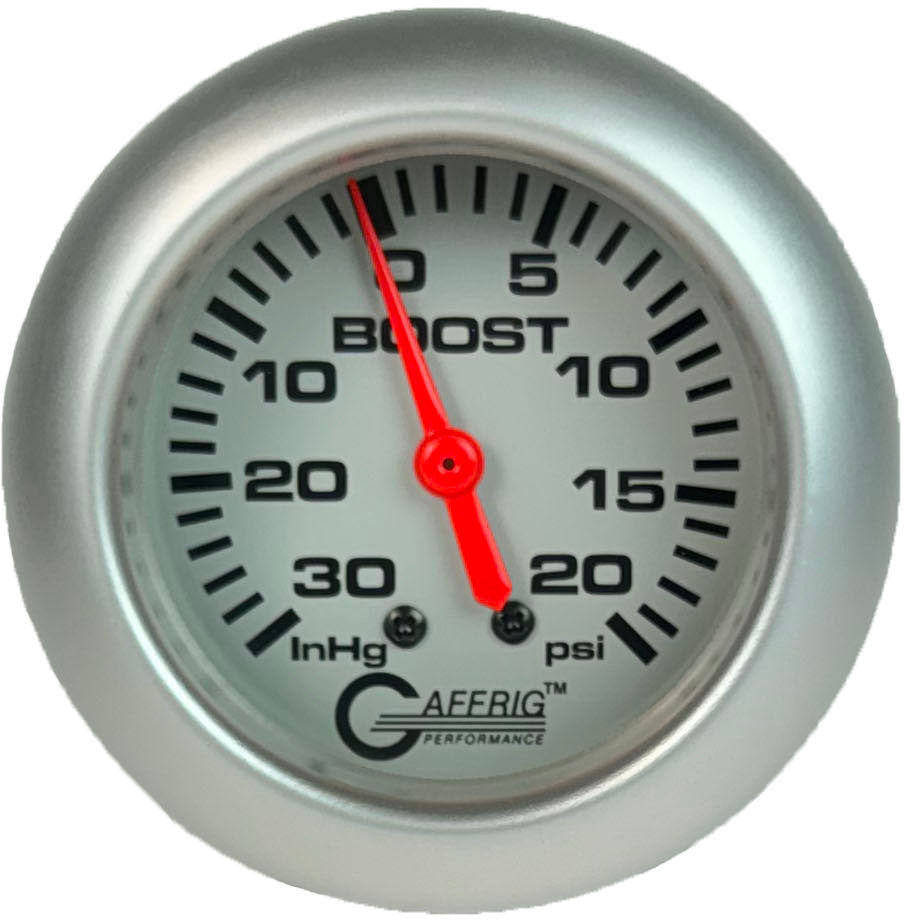 GAFFRIG PART #11012 2 5/8 INCH MECHANICAL VACUUM 0-30 HG/BOOST 0-20 PSI GAUGE PLATINUM PLATINUM