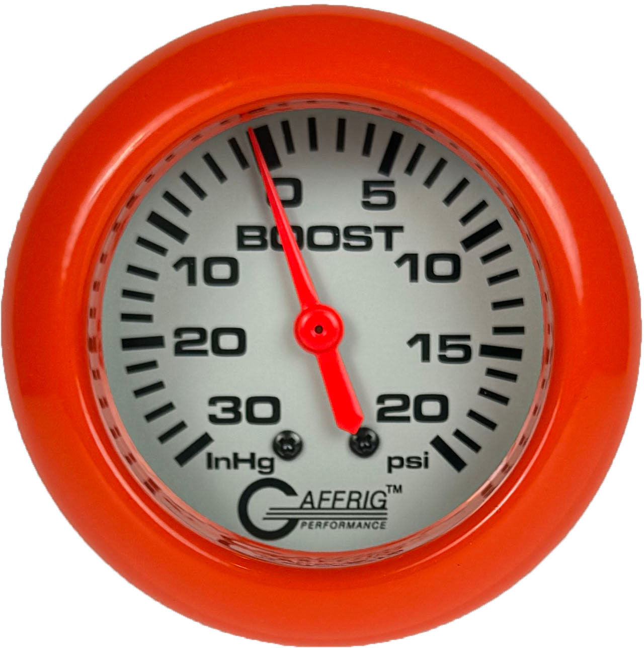 GAFFRIG PART #11012 2 5/8 INCH MECHANICAL VACUUM 0-30 HG/BOOST 0-20 PSI GAUGE PLATINUM ORANGE