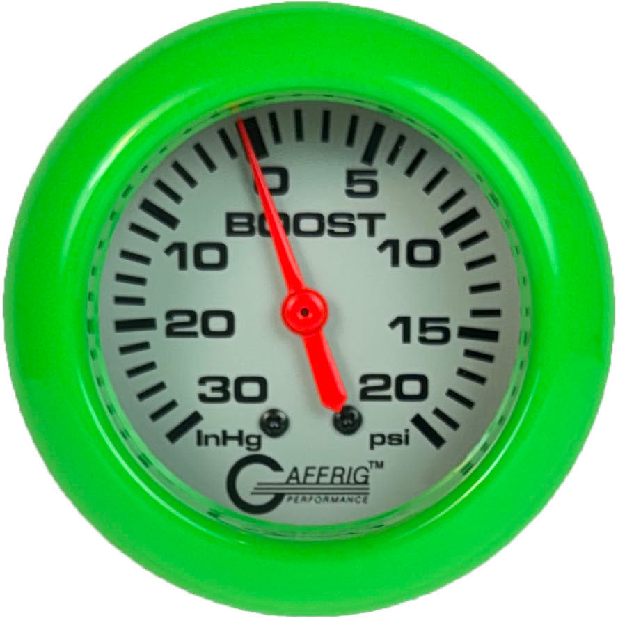 GAFFRIG PART #11012 2 5/8 INCH MECHANICAL VACUUM 0-30 HG/BOOST 0-20 PSI GAUGE PLATINUM LIME GREEN