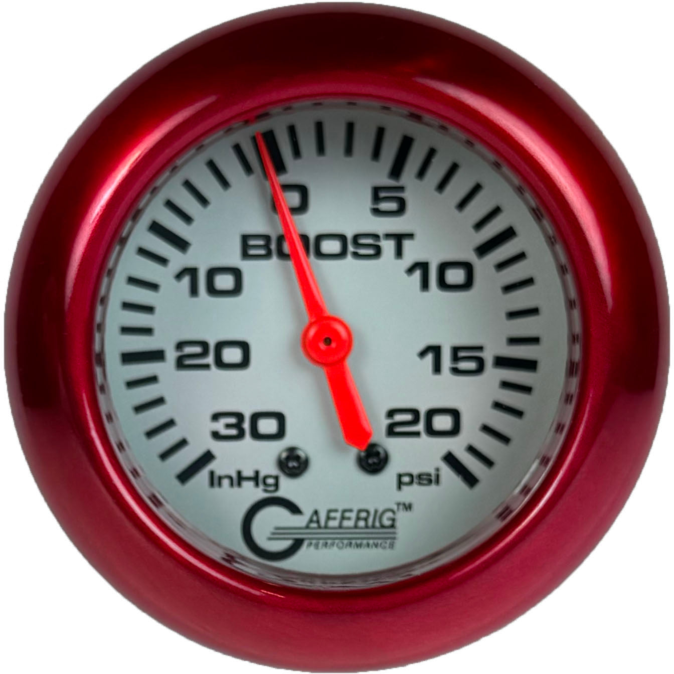 GAFFRIG PART #11012 2 5/8 INCH MECHANICAL VACUUM 0-30 HG/BOOST 0-20 PSI GAUGE PLATINUM RED