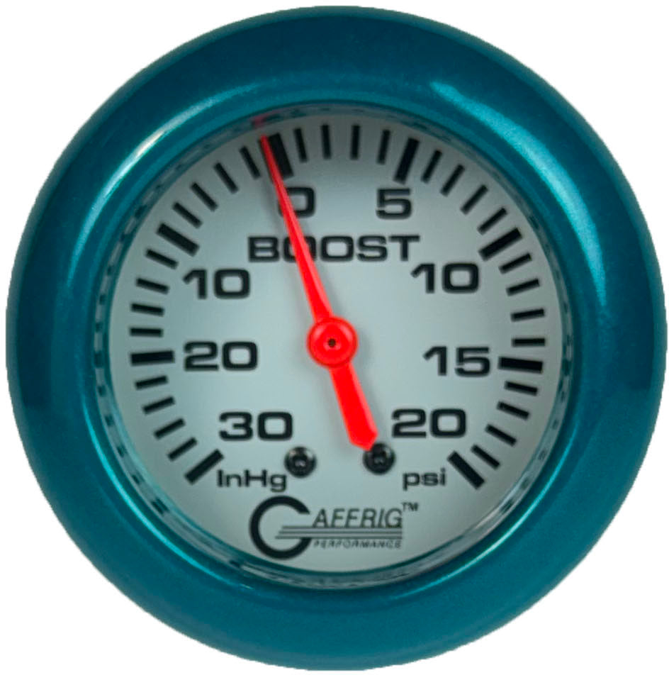 GAFFRIG PART #11012 2 5/8 INCH MECHANICAL VACUUM 0-30 HG/BOOST 0-20 PSI GAUGE PLATINUM TEAL