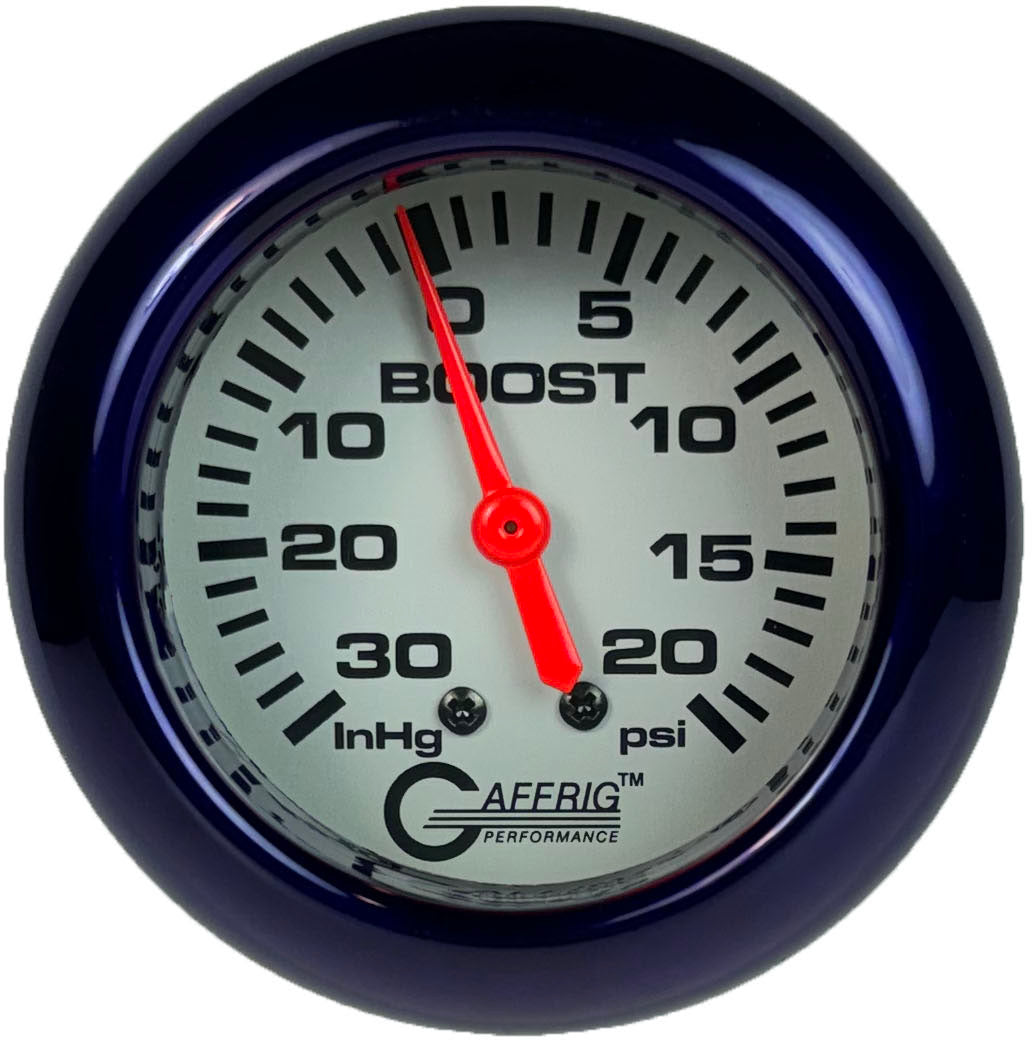 GAFFRIG PART #11012 2 5/8 INCH MECHANICAL VACUUM 0-30 HG/BOOST 0-20 PSI GAUGE PLATINUM PURPLE