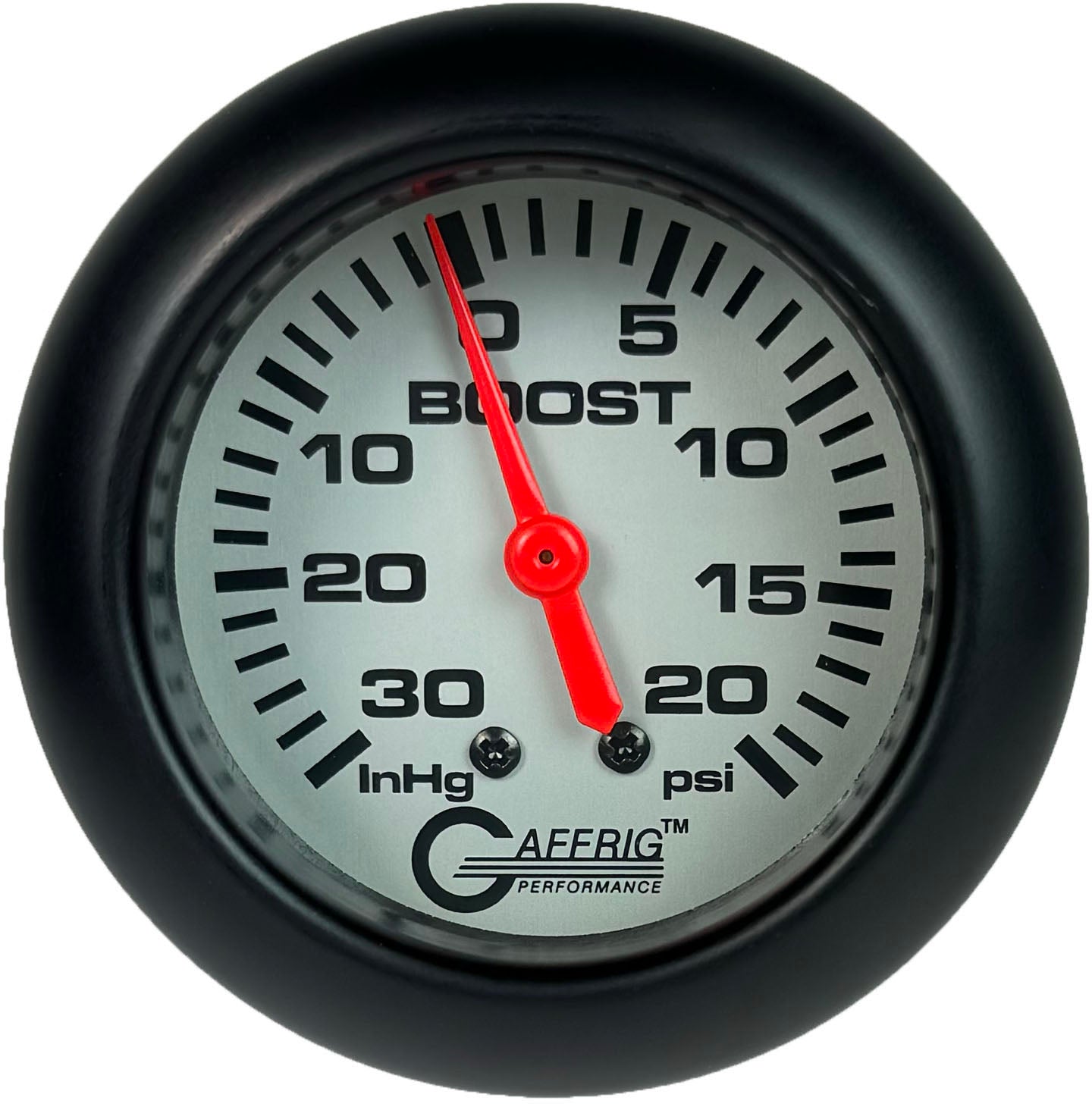 GAFFRIG PART #11012 2 5/8 INCH MECHANICAL VACUUM 0-30 HG/BOOST 0-20 PSI GAUGE PLATINUM BLACK