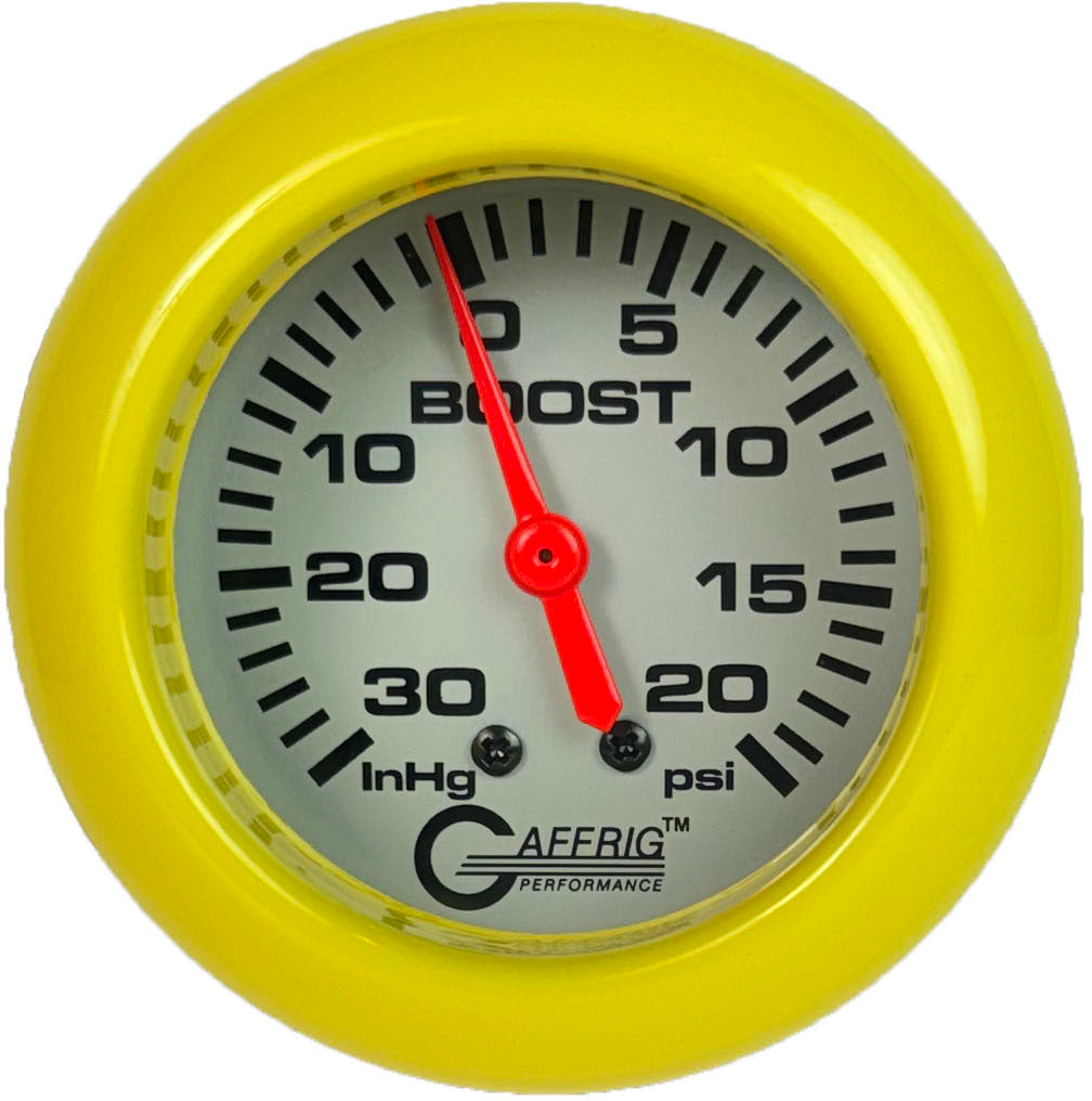 GAFFRIG PART #11012 2 5/8 INCH MECHANICAL VACUUM 0-30 HG/BOOST 0-20 PSI GAUGE PLATINUM YELLOW