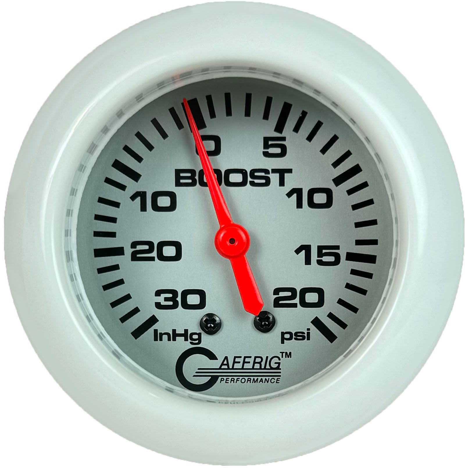GAFFRIG PART #11012 2 5/8 INCH MECHANICAL VACUUM 0-30 HG/BOOST 0-20 PSI GAUGE PLATINUM WHITE