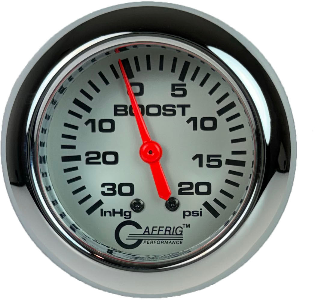 GAFFRIG PART #11012 2 5/8 INCH MECHANICAL VACUUM 0-30 HG/BOOST 0-20 PSI GAUGE PLATINUM CHROME