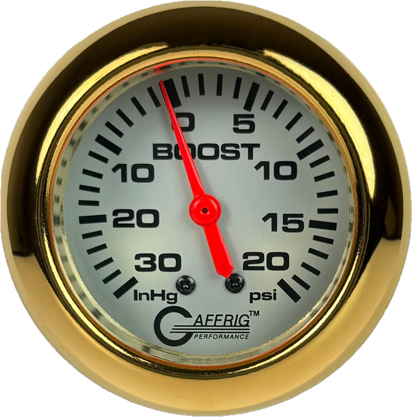 GAFFRIG PART #11012 2 5/8 INCH MECHANICAL VACUUM 0-30 HG/BOOST 0-20 PSI GAUGE PLATINUM GOLD