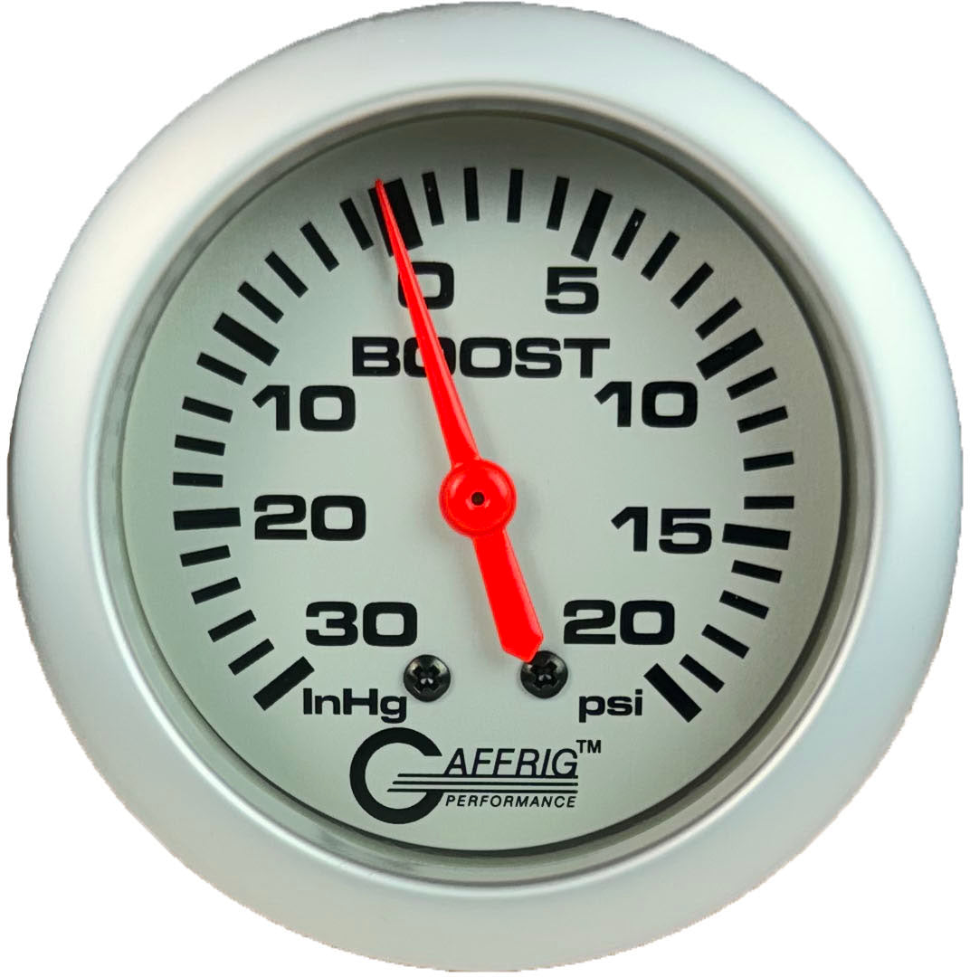 GAFFRIG PART #11012 2 5/8 INCH MECHANICAL VACUUM 0-30 HG/BOOST 0-20 PSI GAUGE PLATINUM NO FAT RIM (STANDARD)