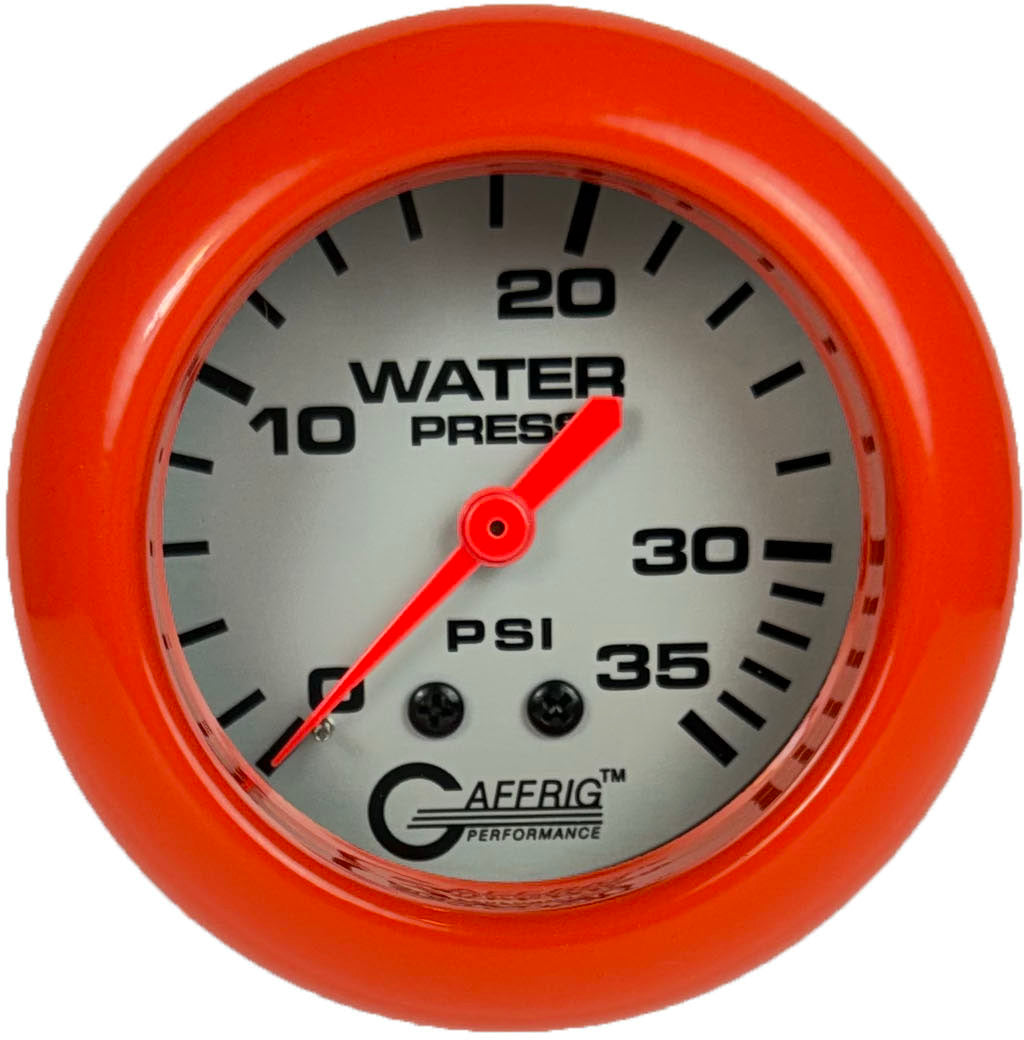 GAFFRIG PART #11014 2 5/8 INCH MECHANICAL WATER PRESSURE GAUGE 0-35 PSI PLATINUM ORANGE