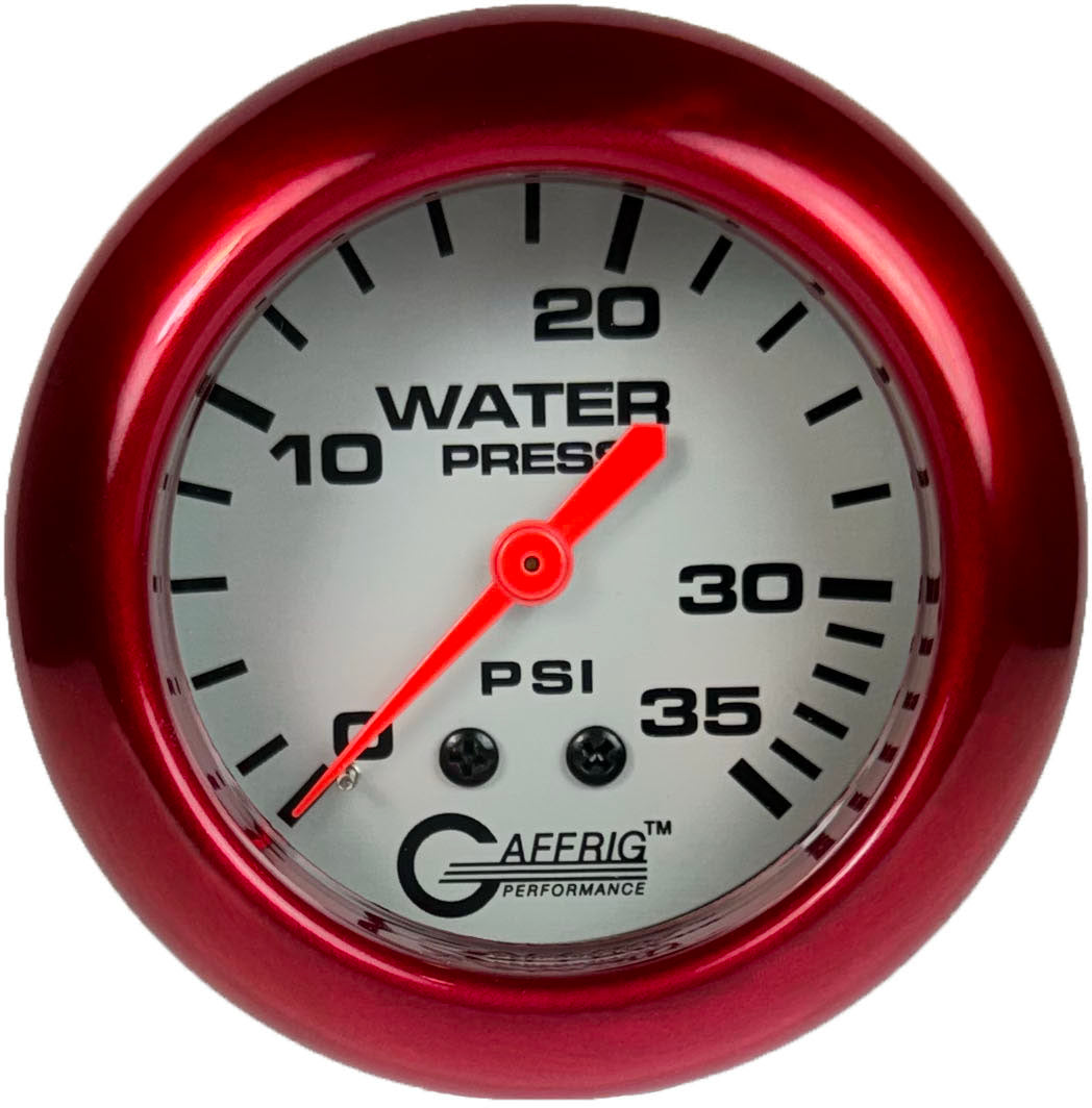 GAFFRIG PART #11014 2 5/8 INCH MECHANICAL WATER PRESSURE GAUGE 0-35 PSI PLATINUM RED