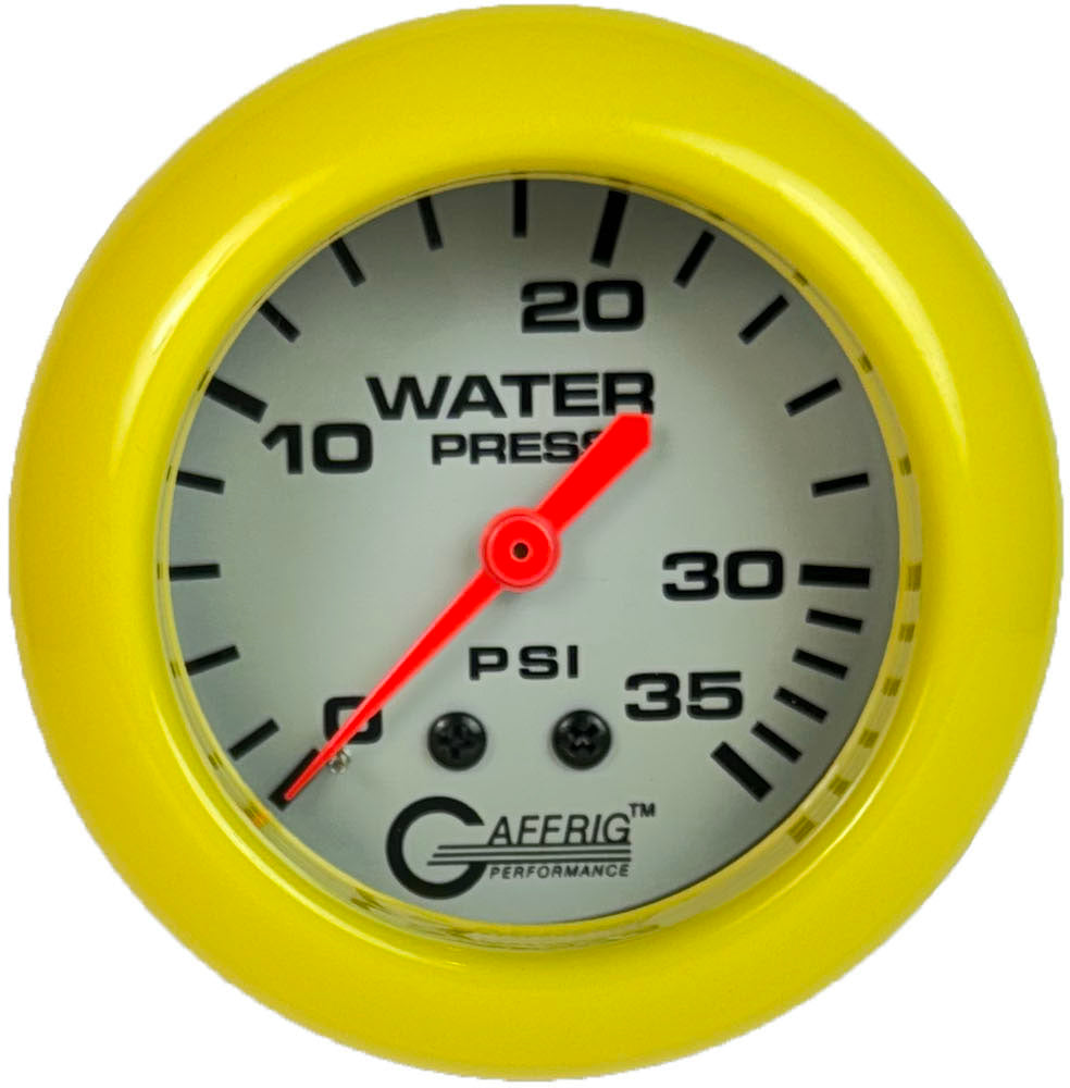 GAFFRIG PART #11014 2 5/8 INCH MECHANICAL WATER PRESSURE GAUGE 0-35 PSI PLATINUM YELLOW