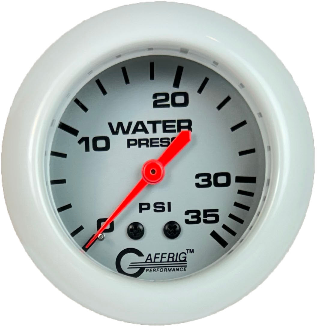 GAFFRIG PART #11014 2 5/8 INCH MECHANICAL WATER PRESSURE GAUGE 0-35 PSI PLATINUM WHITE