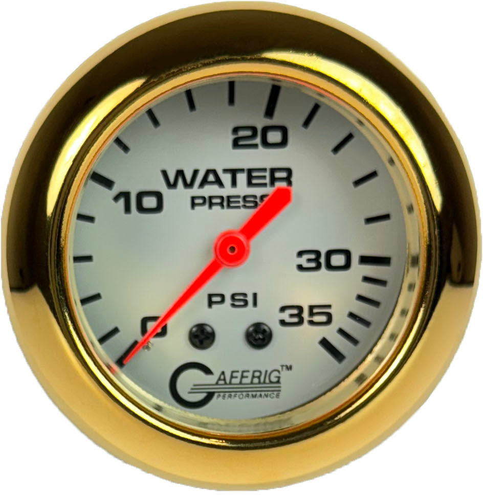 GAFFRIG PART #11014 2 5/8 INCH MECHANICAL WATER PRESSURE GAUGE 0-35 PSI PLATINUM GOLD