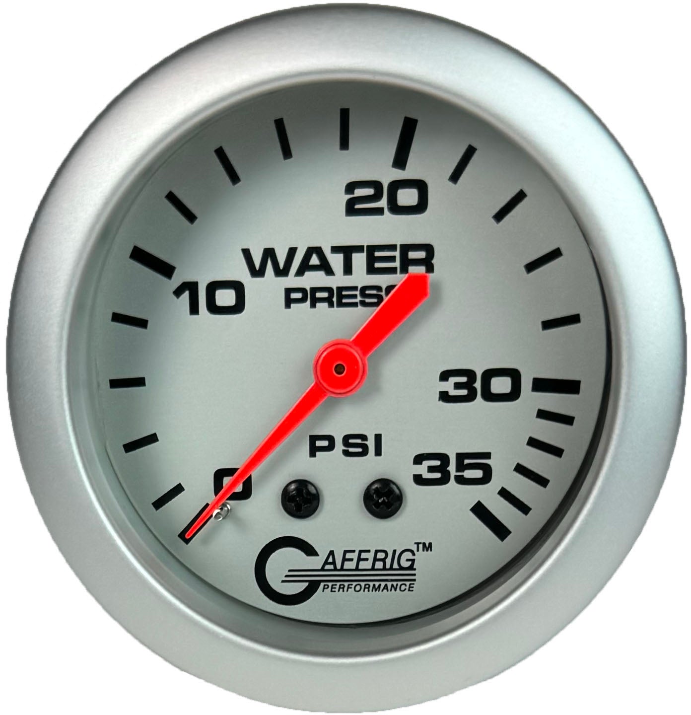 GAFFRIG PART #11014 2 5/8 INCH MECHANICAL WATER PRESSURE GAUGE 0-35 PSI PLATINUM NO FAT RIM (STANDARD)