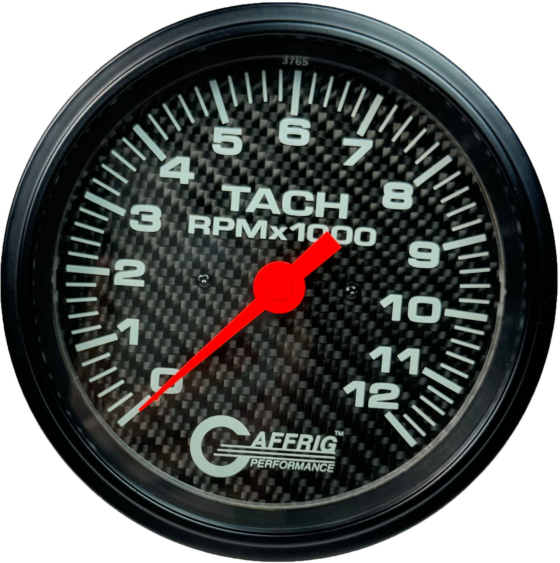 A black Gaffrig Performance electric tachometer gauge with a carbon fiber face, showing RPM readings from 0-12000, with a red pointer and white numbers.