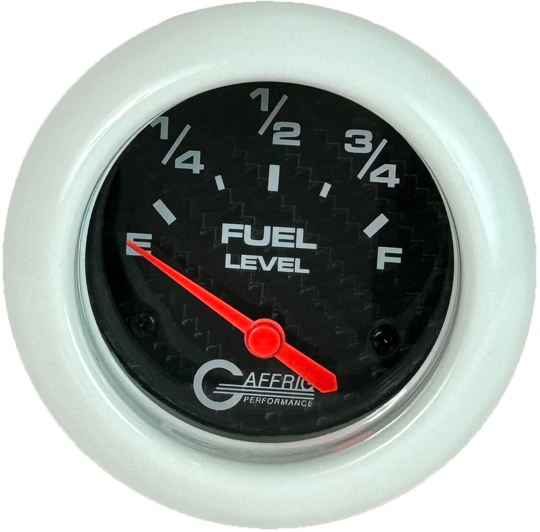 GAFFRIG PART #12000 2 5/8 INCH ELECTRIC FUEL LEVEL GAUGE 240-33 OHMS CARBON FIBER WHITE
