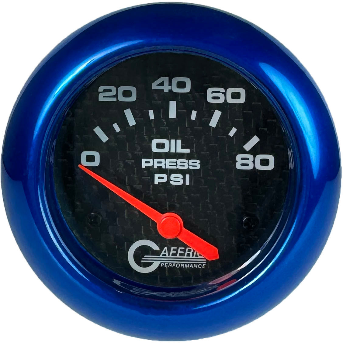 GAFFRIG PART #12001 2 5/8 INCH ELECTRIC OIL PRESSURE 0-80 PSI CARBON FIBER - INCLUDES SENDER BLUE