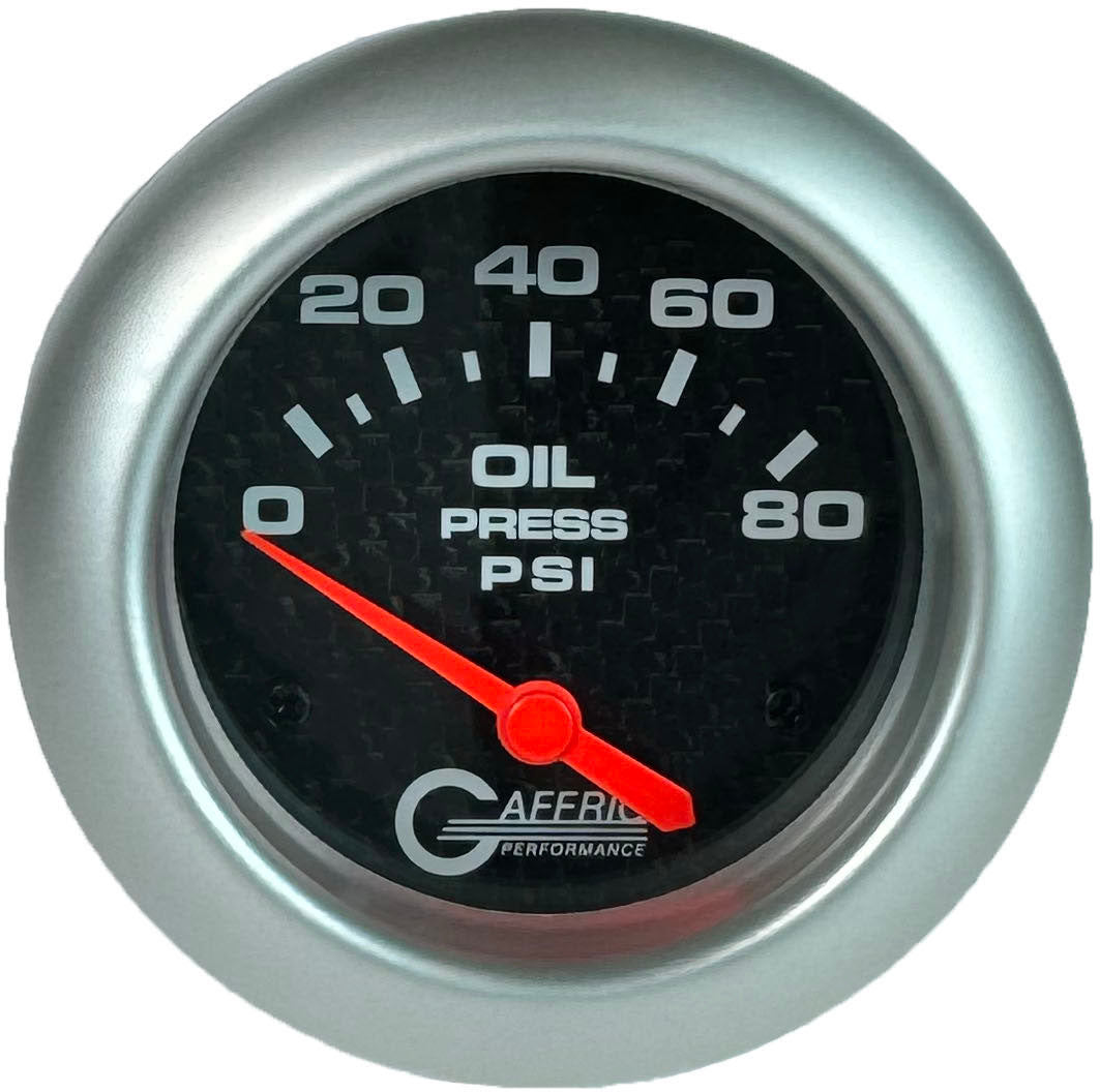 GAFFRIG PART #12001 2 5/8 INCH ELECTRIC OIL PRESSURE 0-80 PSI CARBON FIBER - INCLUDES SENDER PLATINUM