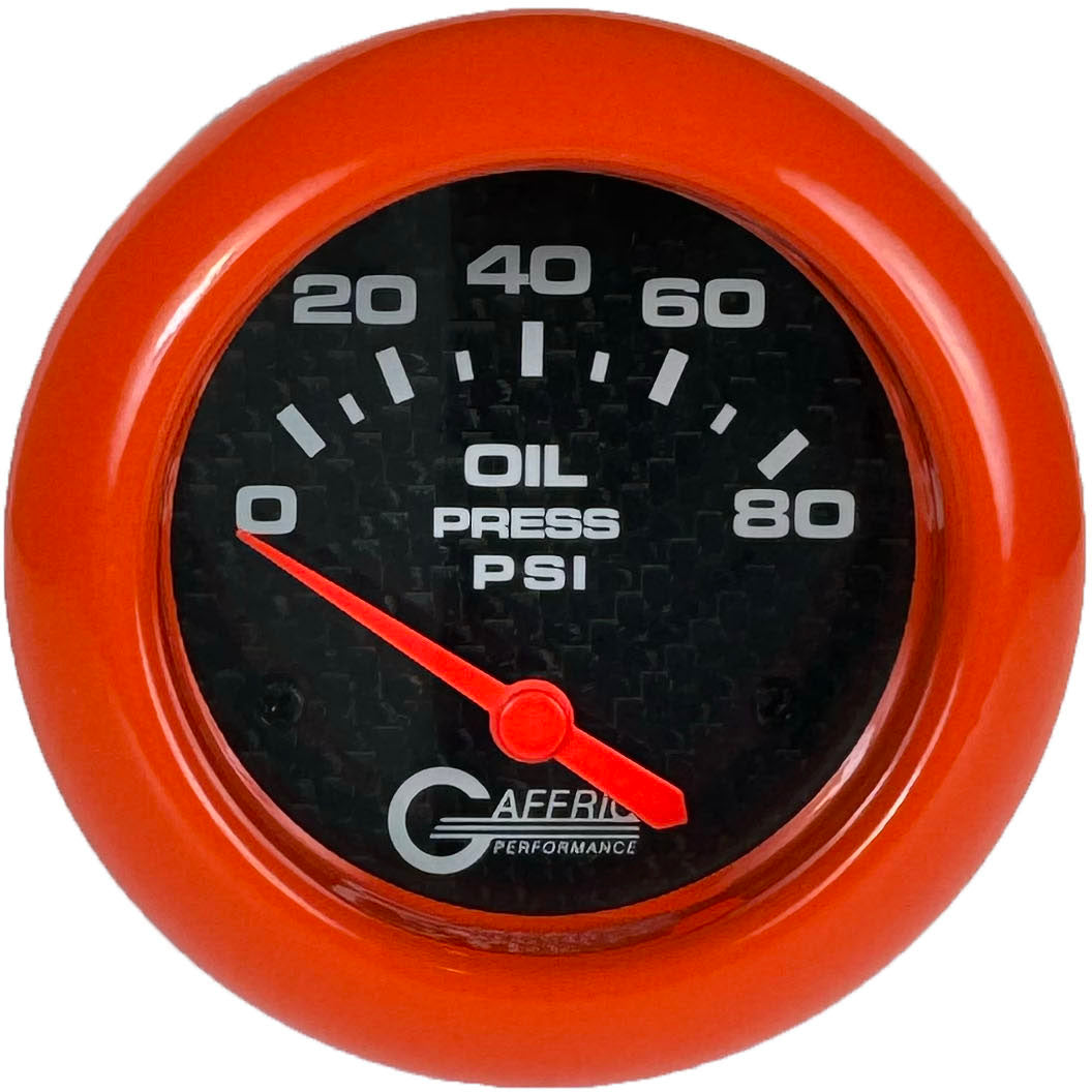 GAFFRIG PART #12001 2 5/8 INCH ELECTRIC OIL PRESSURE 0-80 PSI CARBON FIBER - INCLUDES SENDER ORANGE