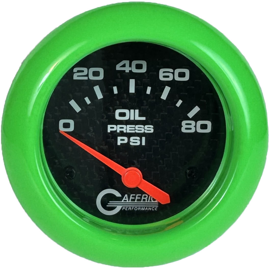 GAFFRIG PART #12001 2 5/8 INCH ELECTRIC OIL PRESSURE 0-80 PSI CARBON FIBER - INCLUDES SENDER LIME GREEN