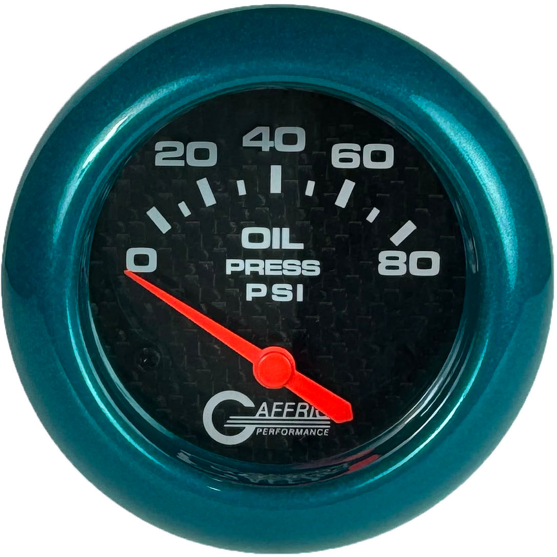 GAFFRIG PART #12001 2 5/8 INCH ELECTRIC OIL PRESSURE 0-80 PSI CARBON FIBER - INCLUDES SENDER TEAL