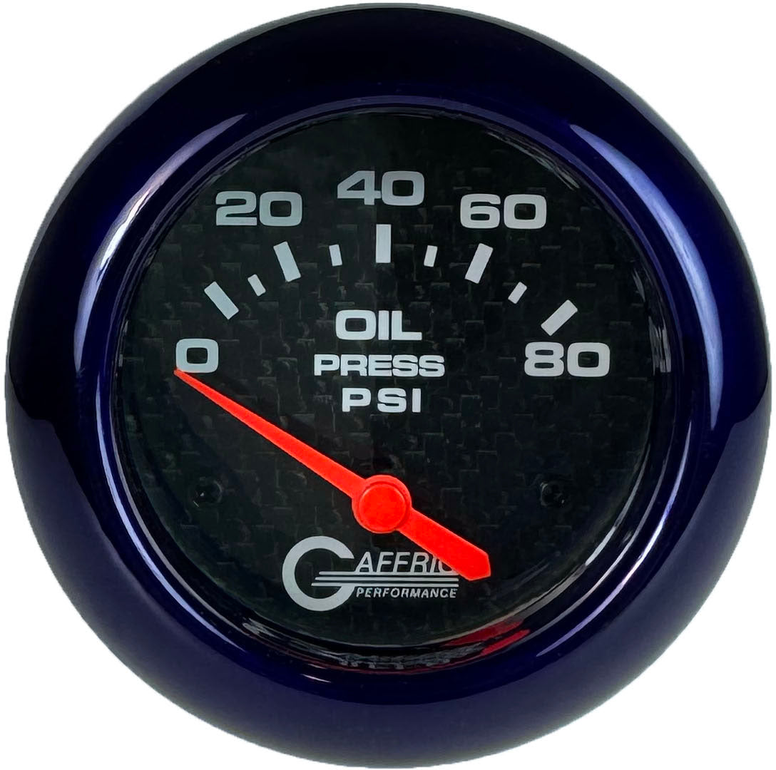 GAFFRIG PART #12001 2 5/8 INCH ELECTRIC OIL PRESSURE 0-80 PSI CARBON FIBER - INCLUDES SENDER PURPLE