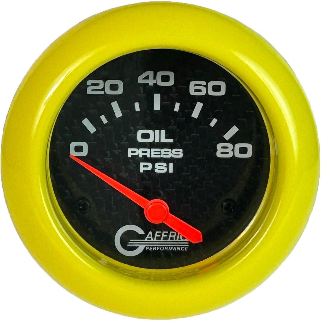 GAFFRIG PART #12001 2 5/8 INCH ELECTRIC OIL PRESSURE 0-80 PSI CARBON FIBER - INCLUDES SENDER YELLOW
