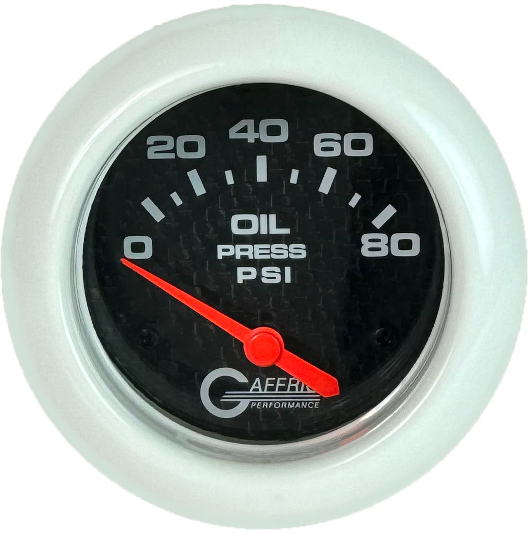GAFFRIG PART #12001 2 5/8 INCH ELECTRIC OIL PRESSURE 0-80 PSI CARBON FIBER - INCLUDES SENDER WHITE
