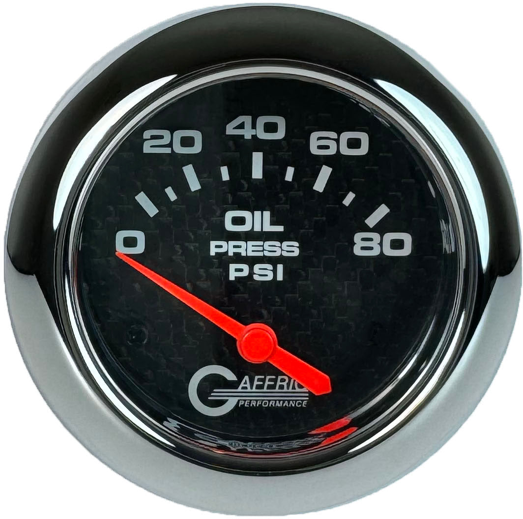 GAFFRIG PART #12001 2 5/8 INCH ELECTRIC OIL PRESSURE 0-80 PSI CARBON FIBER - INCLUDES SENDER CHROME