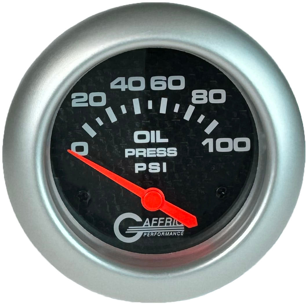 GAFFRIG PART #12002 2 5/8 INCH ELECTRIC OIL PRESSURE 0-100 PSI CARBON FIBER - INCLUDES SENDER PLATINUM