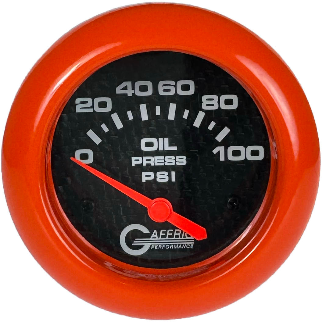 GAFFRIG PART #12002 2 5/8 INCH ELECTRIC OIL PRESSURE 0-100 PSI CARBON FIBER - INCLUDES SENDER ORANGE