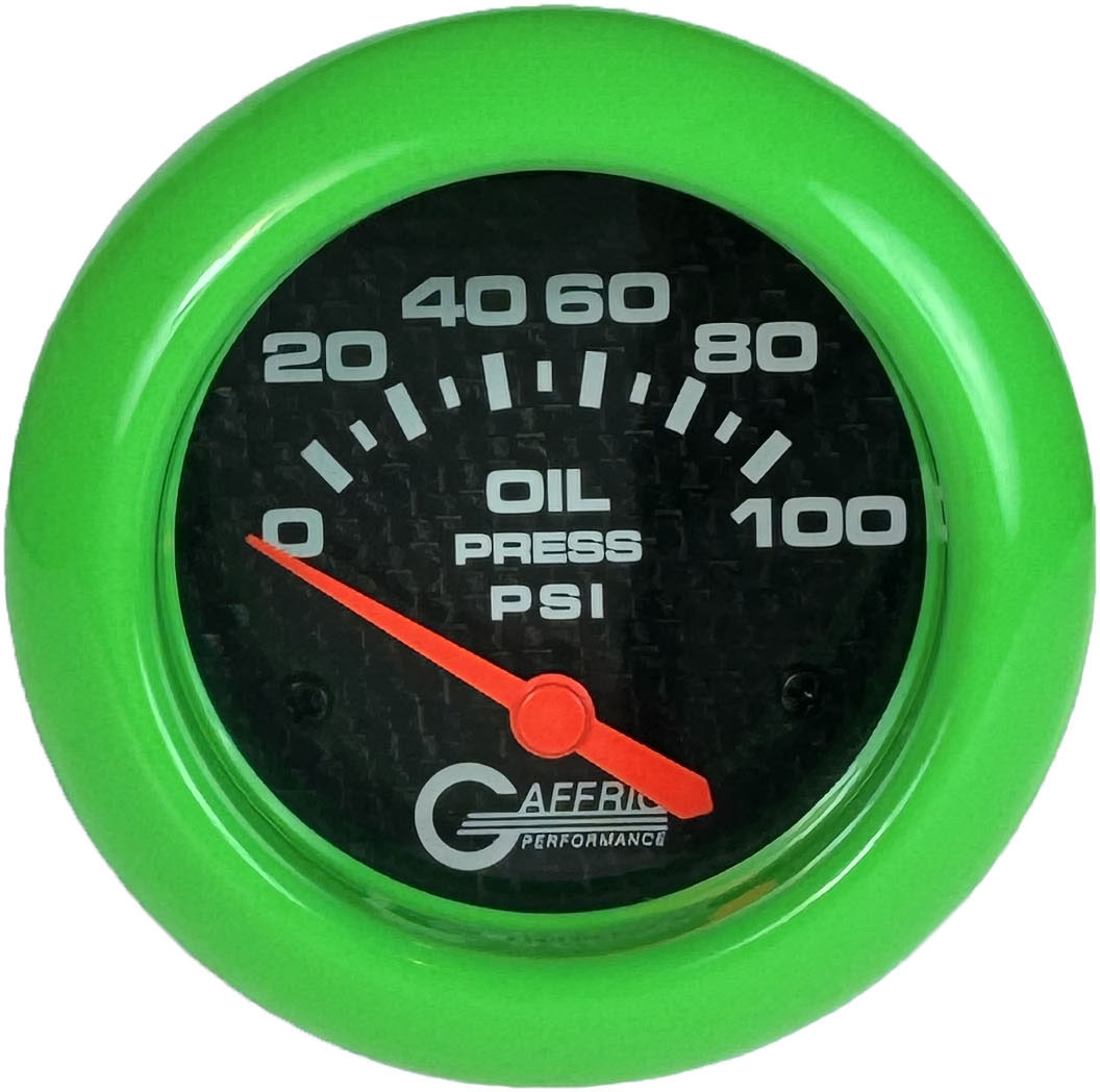 GAFFRIG PART #12002 2 5/8 INCH ELECTRIC OIL PRESSURE 0-100 PSI CARBON FIBER - INCLUDES SENDER LIME GREEN