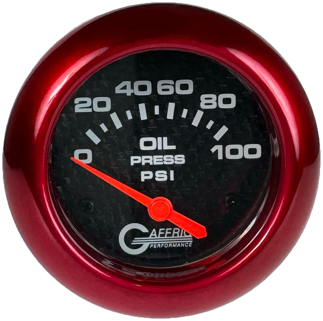 GAFFRIG PART #12002 2 5/8 INCH ELECTRIC OIL PRESSURE 0-100 PSI CARBON FIBER - INCLUDES SENDER RED