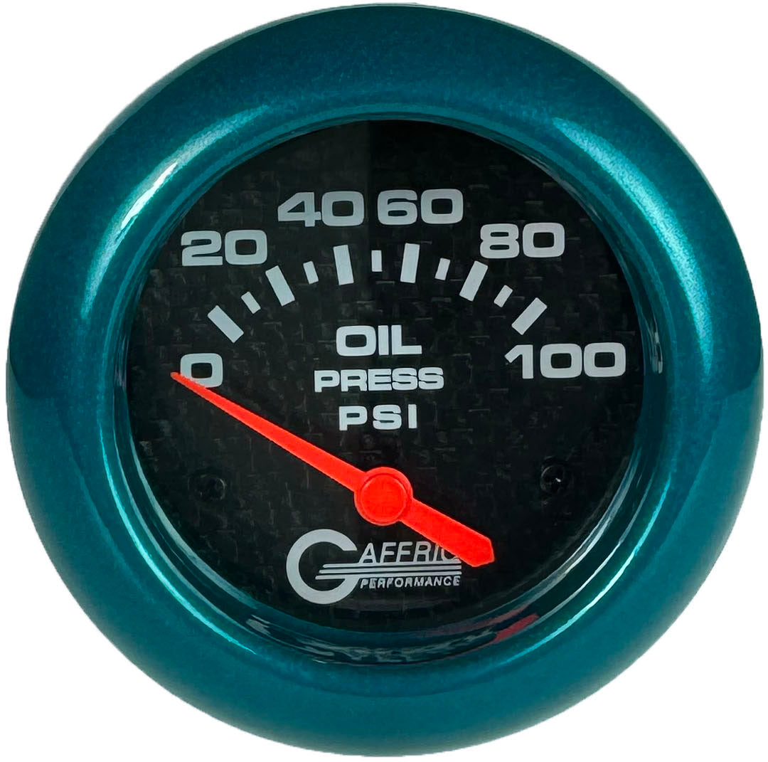 GAFFRIG PART #12002 2 5/8 INCH ELECTRIC OIL PRESSURE 0-100 PSI CARBON FIBER - INCLUDES SENDER TEAL