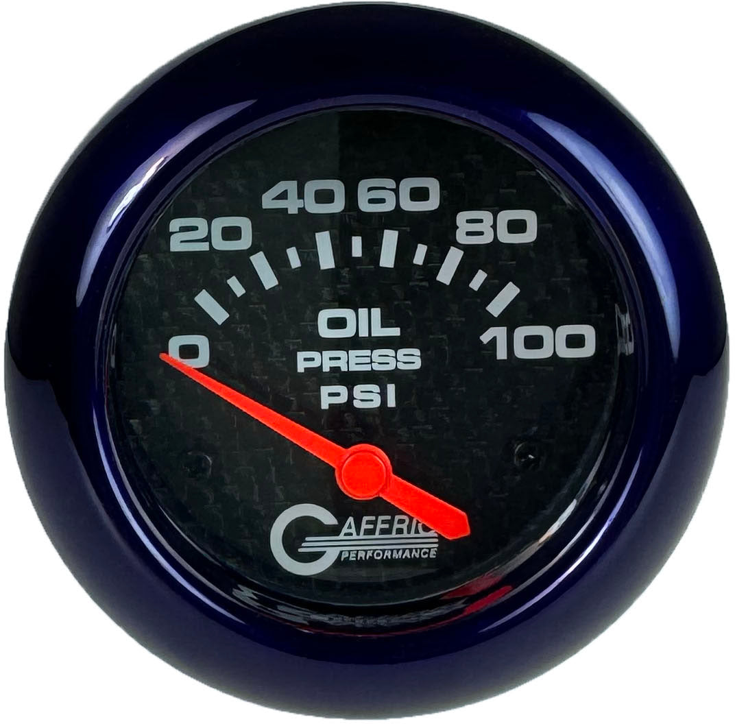 GAFFRIG PART #12002 2 5/8 INCH ELECTRIC OIL PRESSURE 0-100 PSI CARBON FIBER - INCLUDES SENDER PURPLE