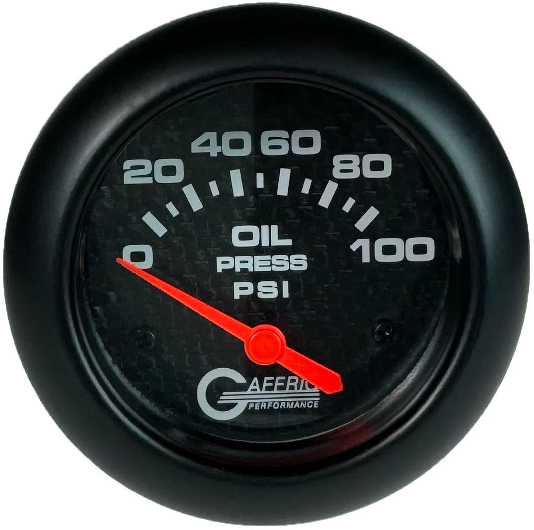 GAFFRIG PART #12002 2 5/8 INCH ELECTRIC OIL PRESSURE 0-100 PSI CARBON FIBER - INCLUDES SENDER BLACK