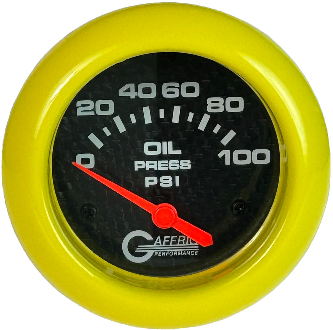 GAFFRIG PART #12002 2 5/8 INCH ELECTRIC OIL PRESSURE 0-100 PSI CARBON FIBER - INCLUDES SENDER YELLOW