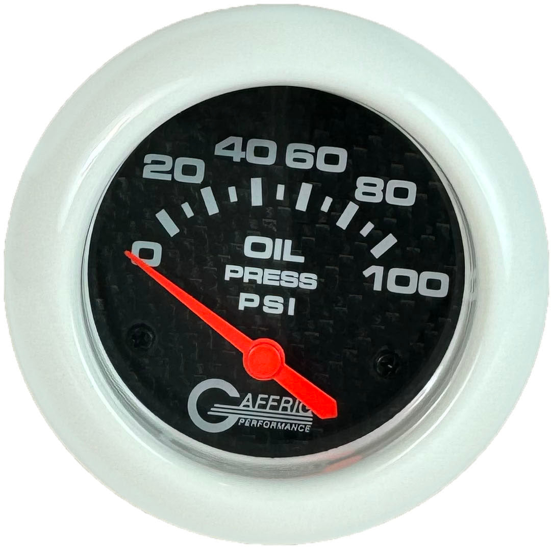 GAFFRIG PART #12002 2 5/8 INCH ELECTRIC OIL PRESSURE 0-100 PSI CARBON FIBER - INCLUDES SENDER WHITE