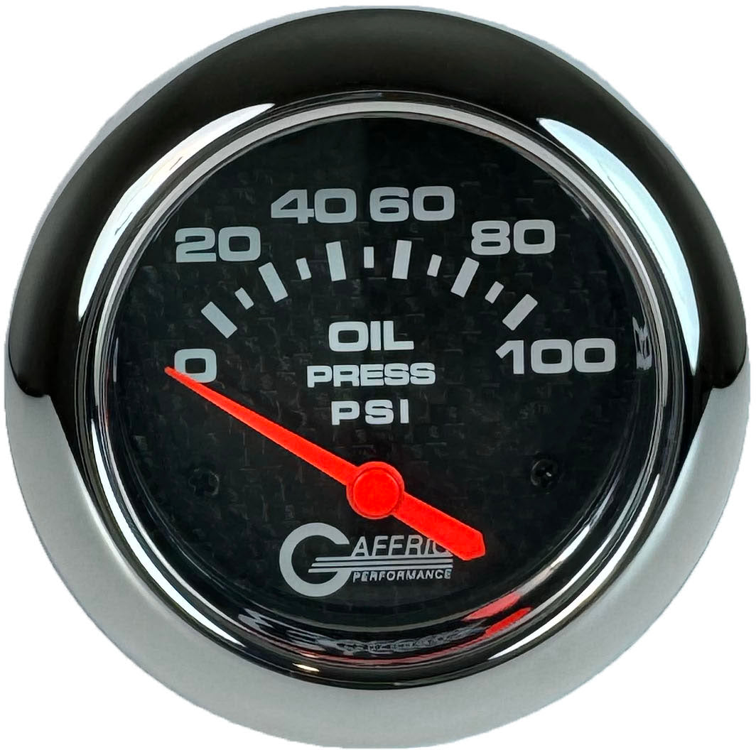 GAFFRIG PART #12002 2 5/8 INCH ELECTRIC OIL PRESSURE 0-100 PSI CARBON FIBER - INCLUDES SENDER CHROME