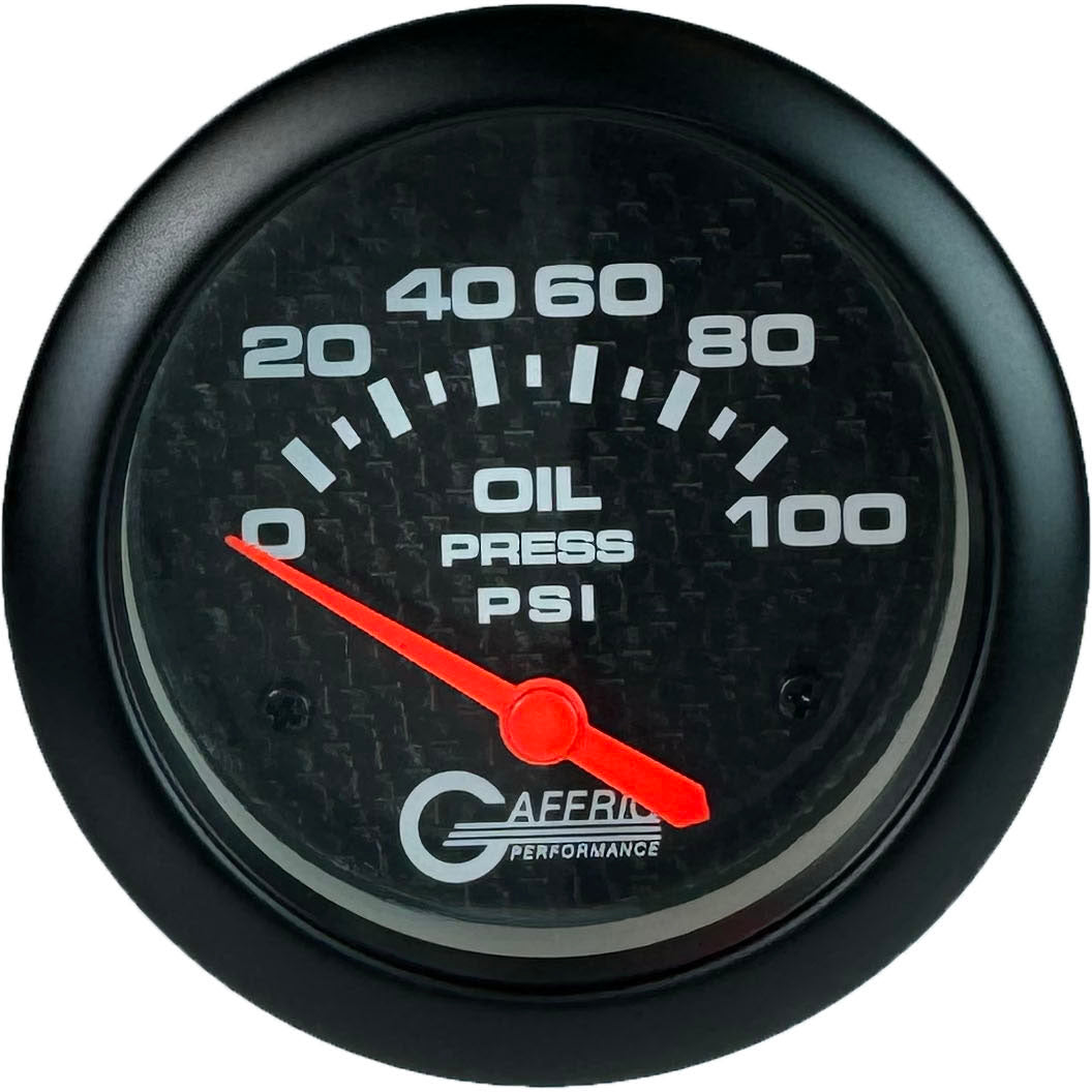 GAFFRIG PART #12002 2 5/8 INCH ELECTRIC OIL PRESSURE 0-100 PSI CARBON FIBER - INCLUDES SENDER NO FAT RIM (STANDARD)