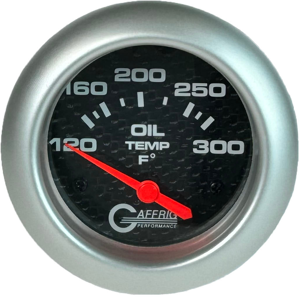 GAFFRIG PART #12003 2 5/8 INCH ELECTRIC OIL TEMP GAUGE 100-300 F CARBON FIBER - INCLS. SENDER & BUSHING KIT PLATINUM