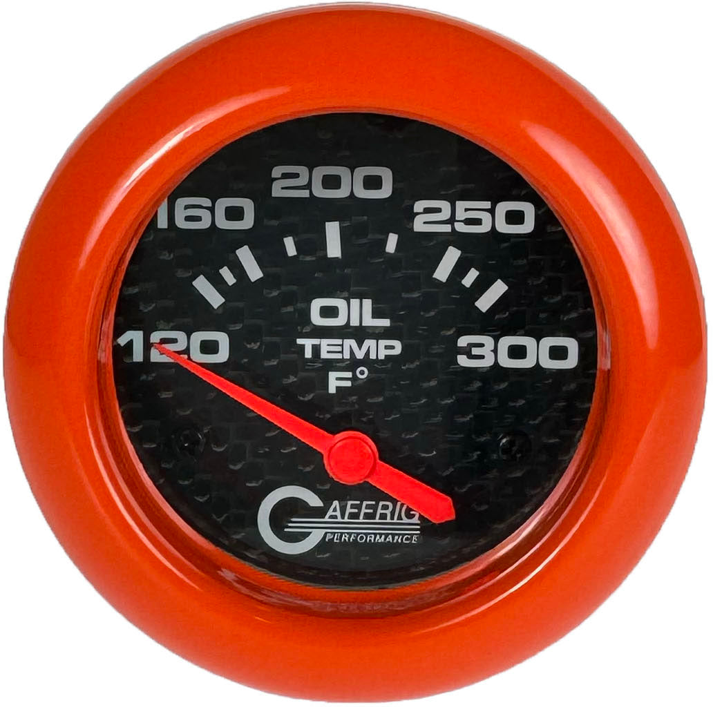 GAFFRIG PART #12003 2 5/8 INCH ELECTRIC OIL TEMP GAUGE 100-300 F CARBON FIBER - INCLS. SENDER & BUSHING KIT ORANGE