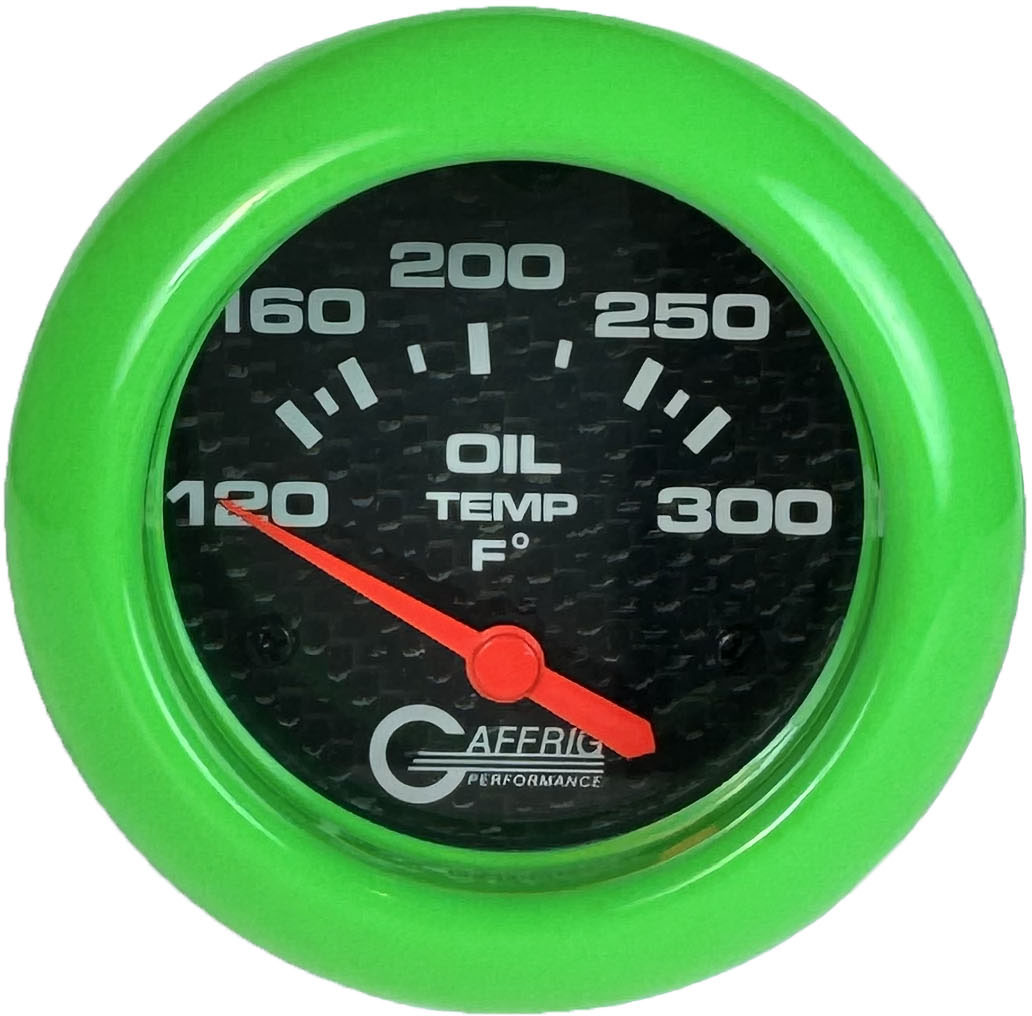 GAFFRIG PART #12003 2 5/8 INCH ELECTRIC OIL TEMP GAUGE 100-300 F CARBON FIBER - INCLS. SENDER & BUSHING KIT LIME GREEN