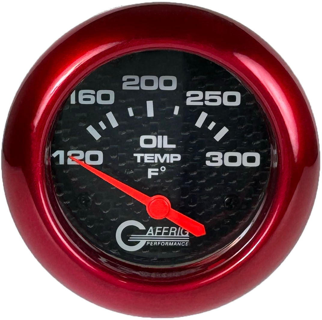 GAFFRIG PART #12003 2 5/8 INCH ELECTRIC OIL TEMP GAUGE 100-300 F CARBON FIBER - INCLS. SENDER & BUSHING KIT RED